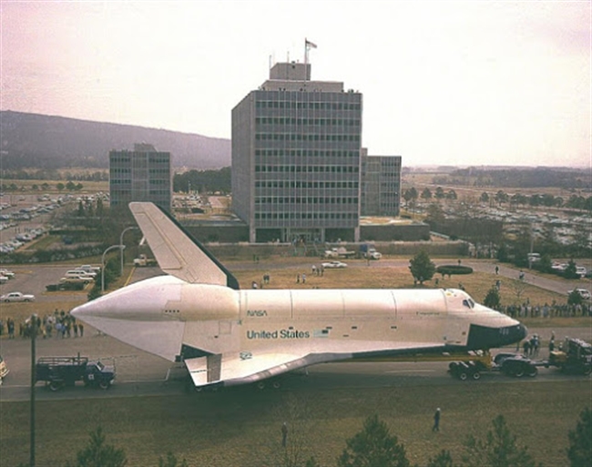 Shuttle Enterprise arriving at NASA's MSFC for Vibration Testing