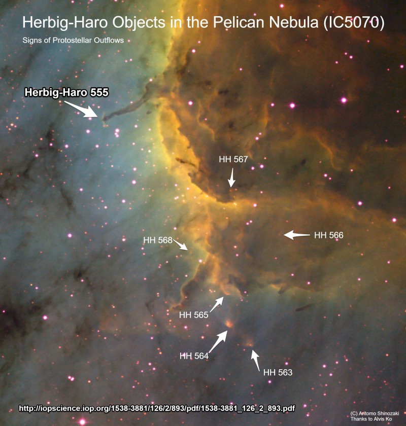 Pelican Nebula (IC 5070) with various Herbig-Haro objects identified