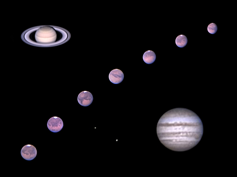 Mars from Aug to Oct bringing Saturn and Jupiter